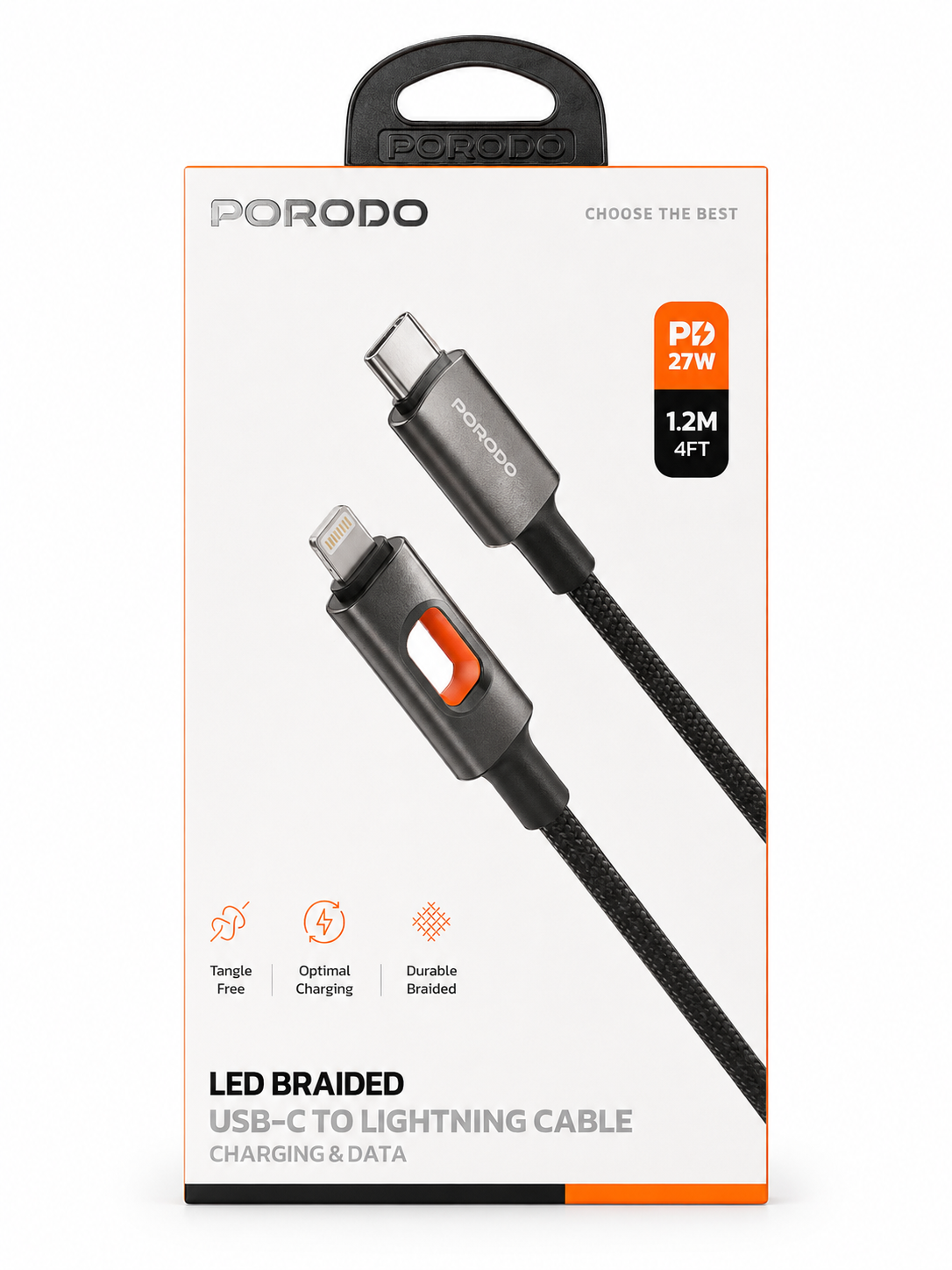 کابل شارژ و دیتا PORODO مدل P4 USB-C به Lightning با توان 27 وات و طول 1.2 متر